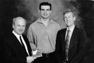 The first Lymphoma Foundation Canada research fellowship was awarded to Dr. Stephen Kenezovich at the Vancouver center of BC Cancer, shown here with Dr. Connors and Pat’s husband.